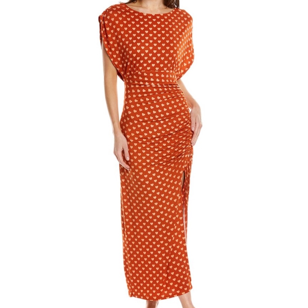 FREE PEOPLE Lakeside Heart MIDI Dress Orange High gathered Slit EUC Size small